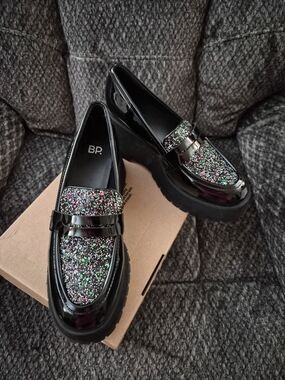 bp Black Patent Loafers with Multicolor Glitter Accent